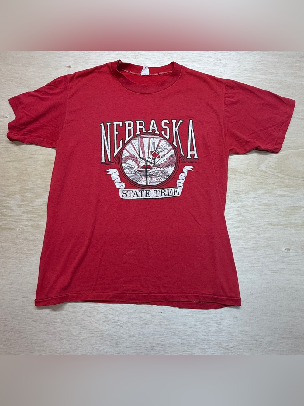 Vintage 1983 Nebraska State Tree Football T-Shirt Red Single Stitch 50/50 USA M